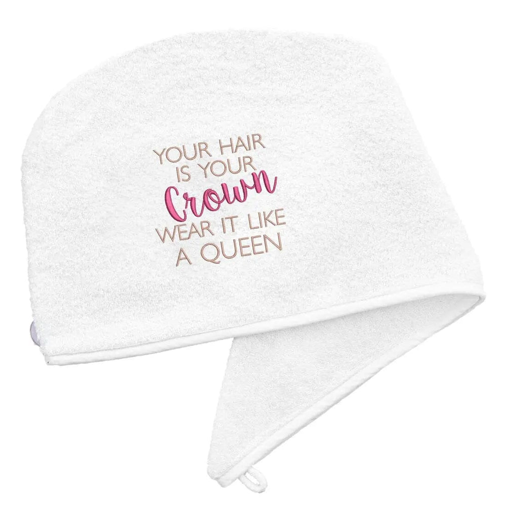 White Aztex Luxury Hair Turban Towel Hair Is Your Crown Logo on white backdrop