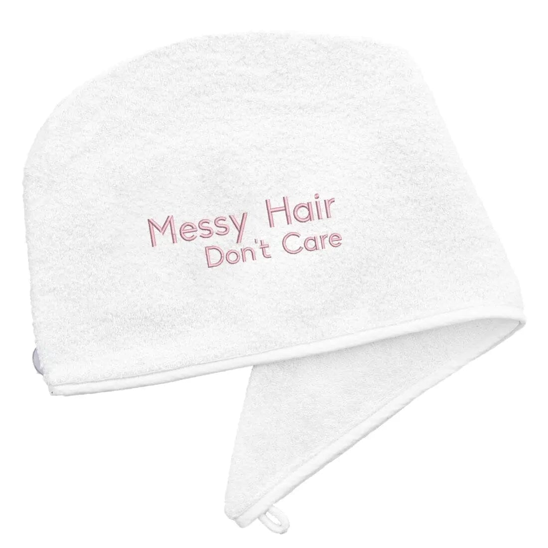 White Luxury Hair Towel with Messy Hair Don't Care Logo on a white backdrop