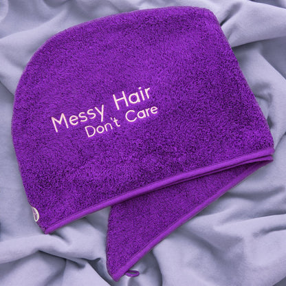 Purple Hair Towel Messy Hair Don't Care Logo on a Taffeta duvet