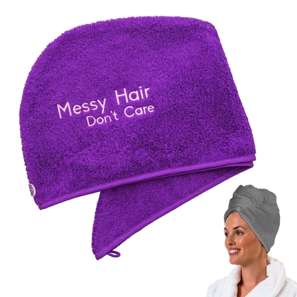 Purple Luxury Hair Towel with Messy Hair Don't Care Logo on a white backdrop with a model in the corner