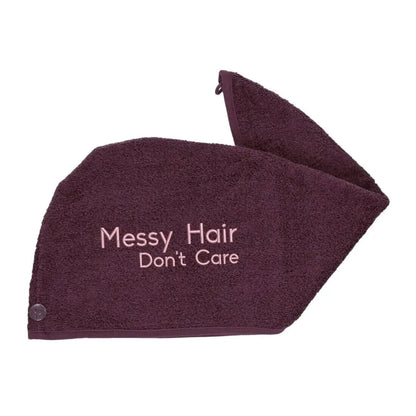 Aubergine Luxury Hair Towel with Messy Hair Don't Care Logo on a white backdrop