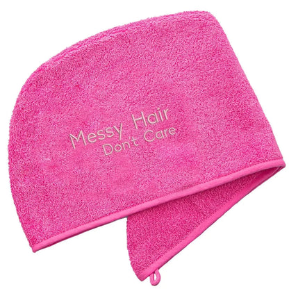 Pink Luxury Hair Towel with Messy Hair Don't Care Logo on a white backdrop