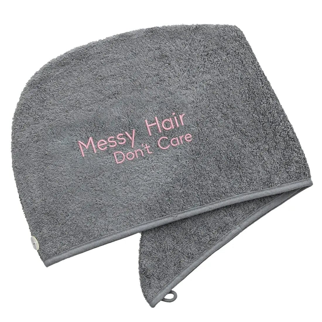 Slate Luxury Hair Towel with Messy Hair Don't Care Logo on a white backdrop