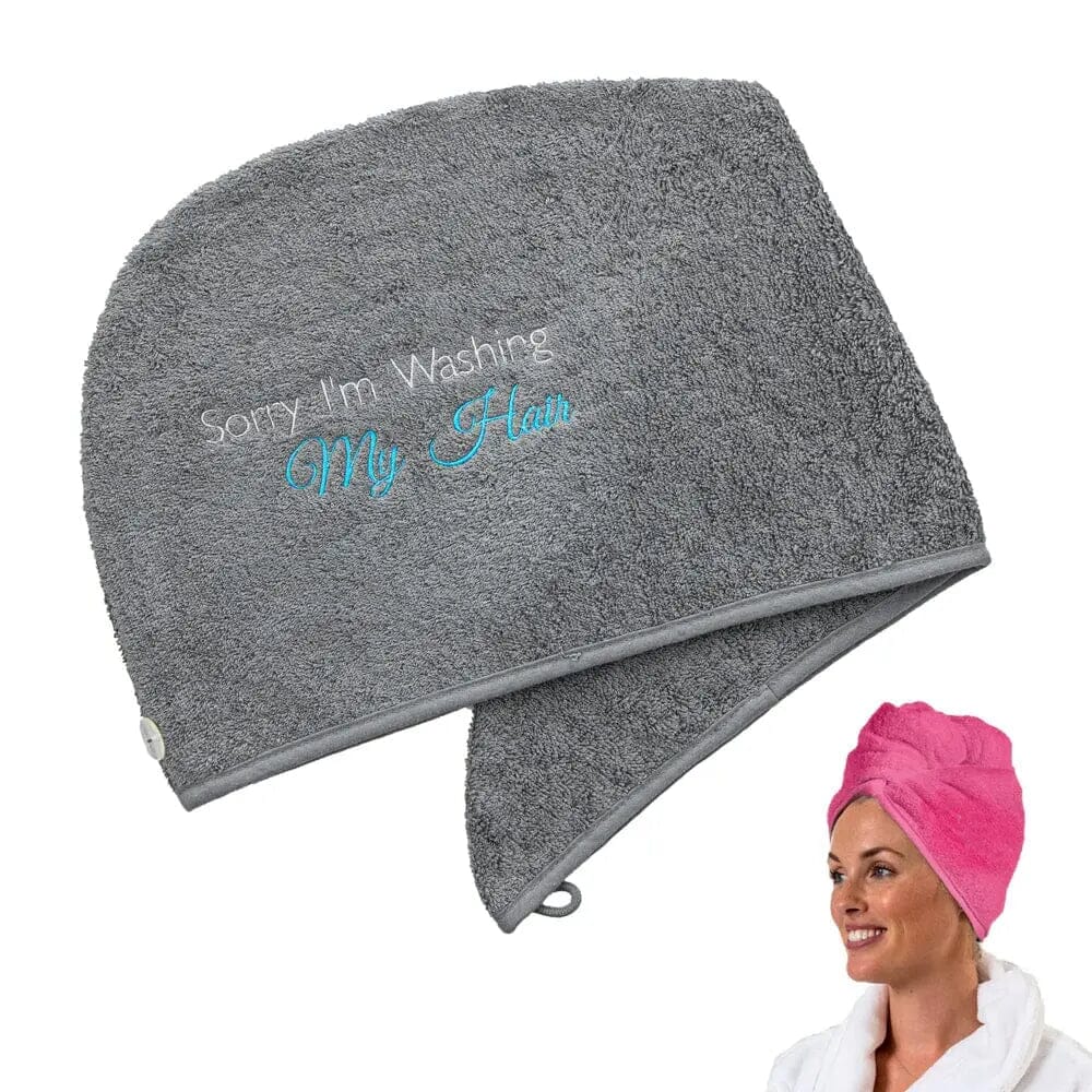 Slate Aztex Luxury Hair Turban Towel with Washing My Hair Logo on white backdrop with a model wearing a pink turban in a corner