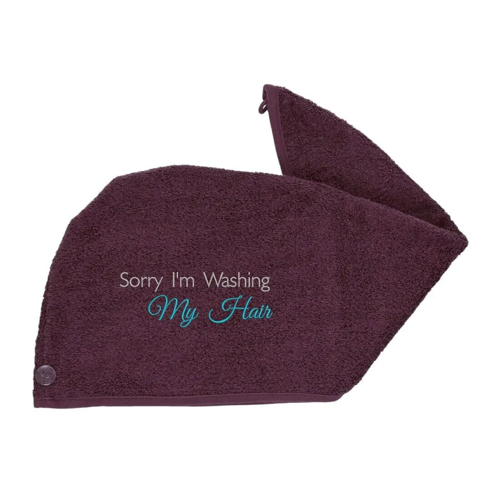 Aubergine Aztex Luxury Hair Turban Towel with Washing My Hair Logo on white backdrop