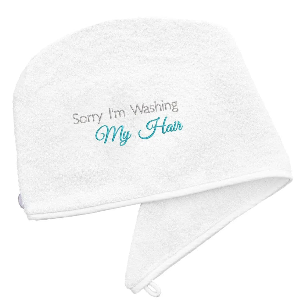 White Aztex Luxury Hair Turban Towel with Washing My Hair Logo on white backdrop