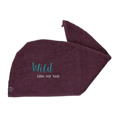 Aubergine aztex luxury hair turban towel with wild like my hair logo on white backdrop