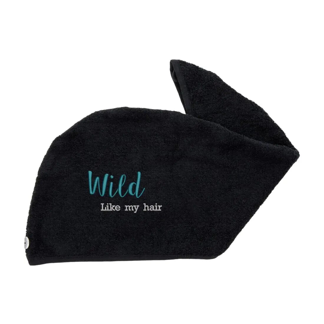 Black aztex luxury hair turban towel with wild like my hair logo on white backdrop