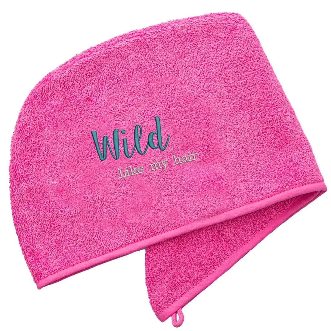 Pink aztex luxury hair turban towel with wild like my hair logo on white backdrop