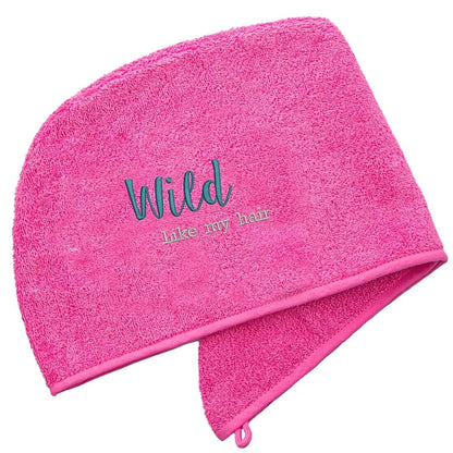 Pink aztex luxury hair turban towel with wild like my hair logo on white backdrop