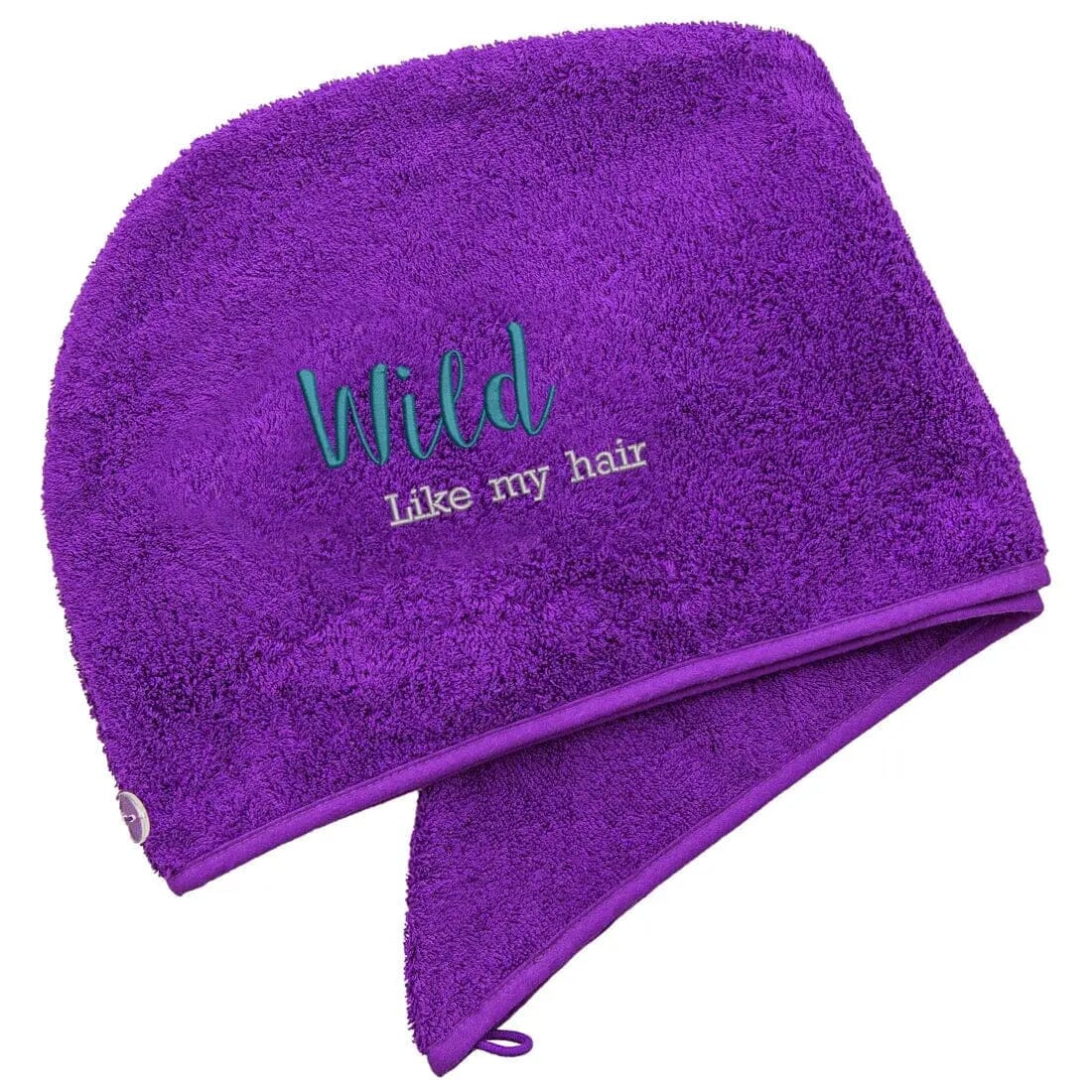 Purple aztex luxury hair turban towel with wild like my hair logo on white backdrop