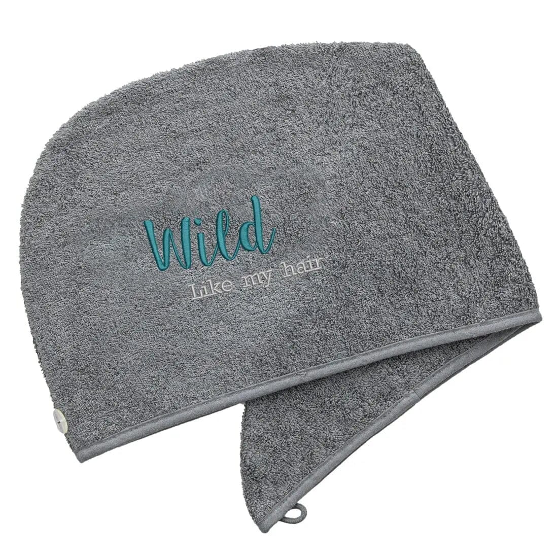 Slate aztex luxury hair turban towel with wild like my hair logo on white backdrop