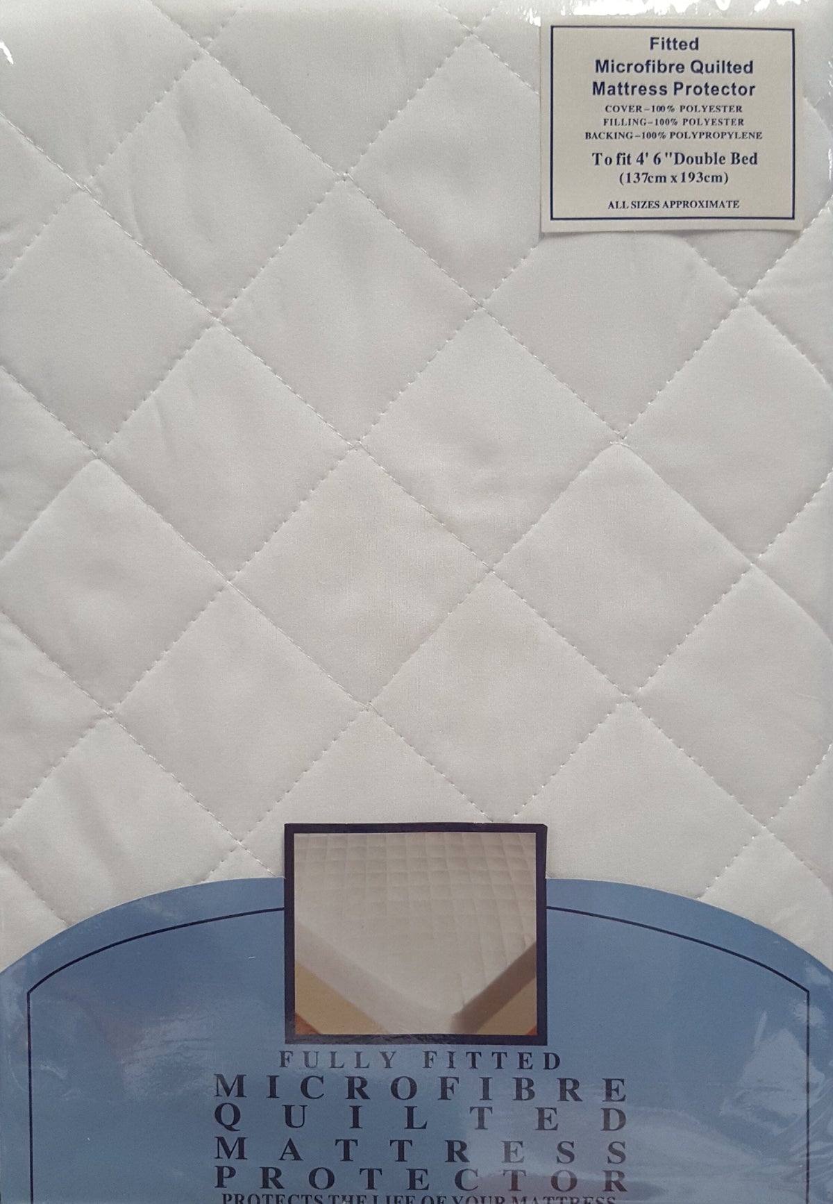 A white quilted mattress protector with a diamond stitched pattern, shown in its retail packaging with a blue lower section and a product label at the top right.