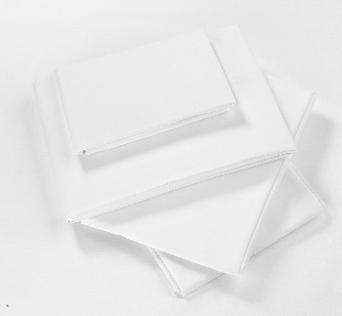 A stack of plain white folded sheets or fabric pieces on a white background.