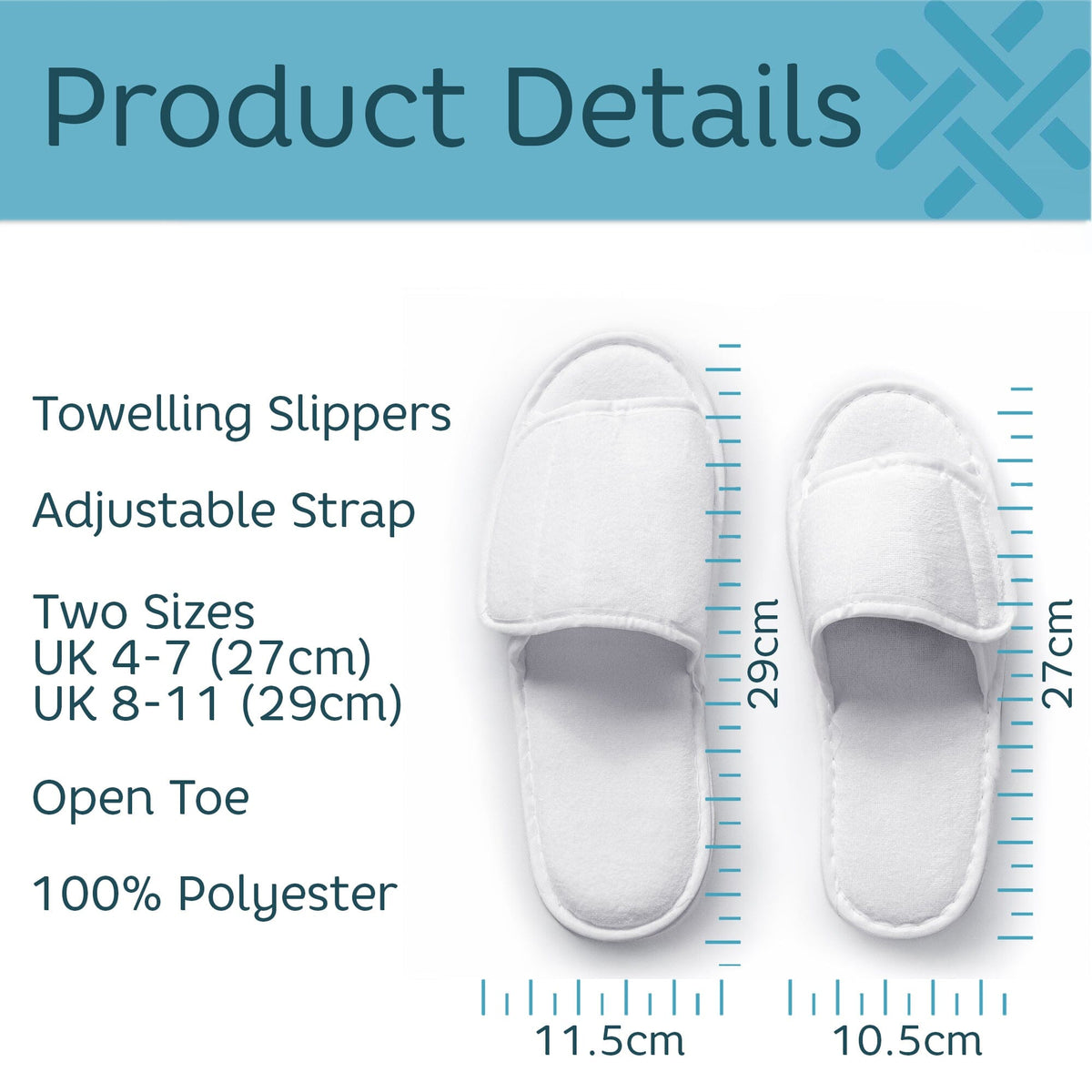 Product details graphic for white polyester towelling slippers, showing a pair with measurement markings and text listing adjustable strap, two sizes, open toe, and 100% polyester.