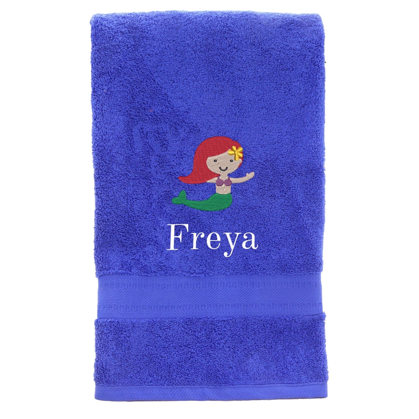 Personalised royal blue mermaid bath towel with white background