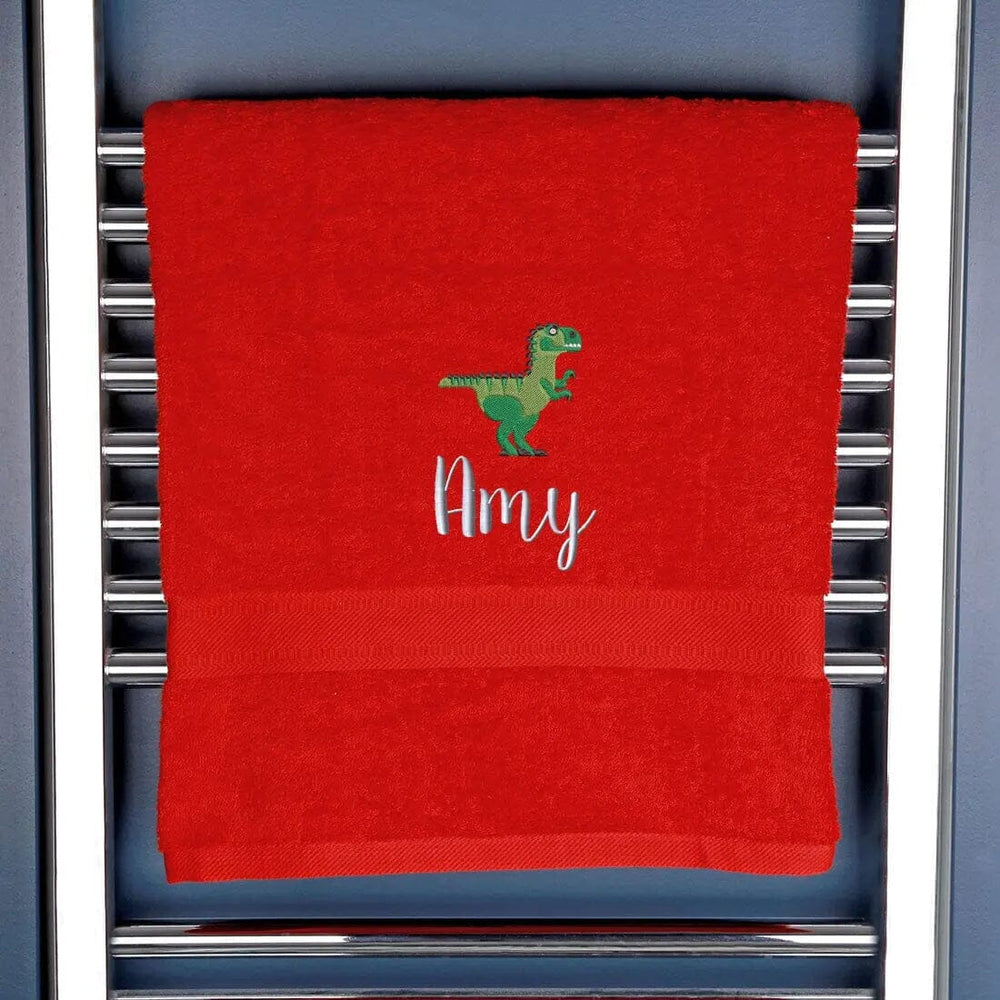 Children's Personalised Dinosaur Bath Towel Egyptian - Red  