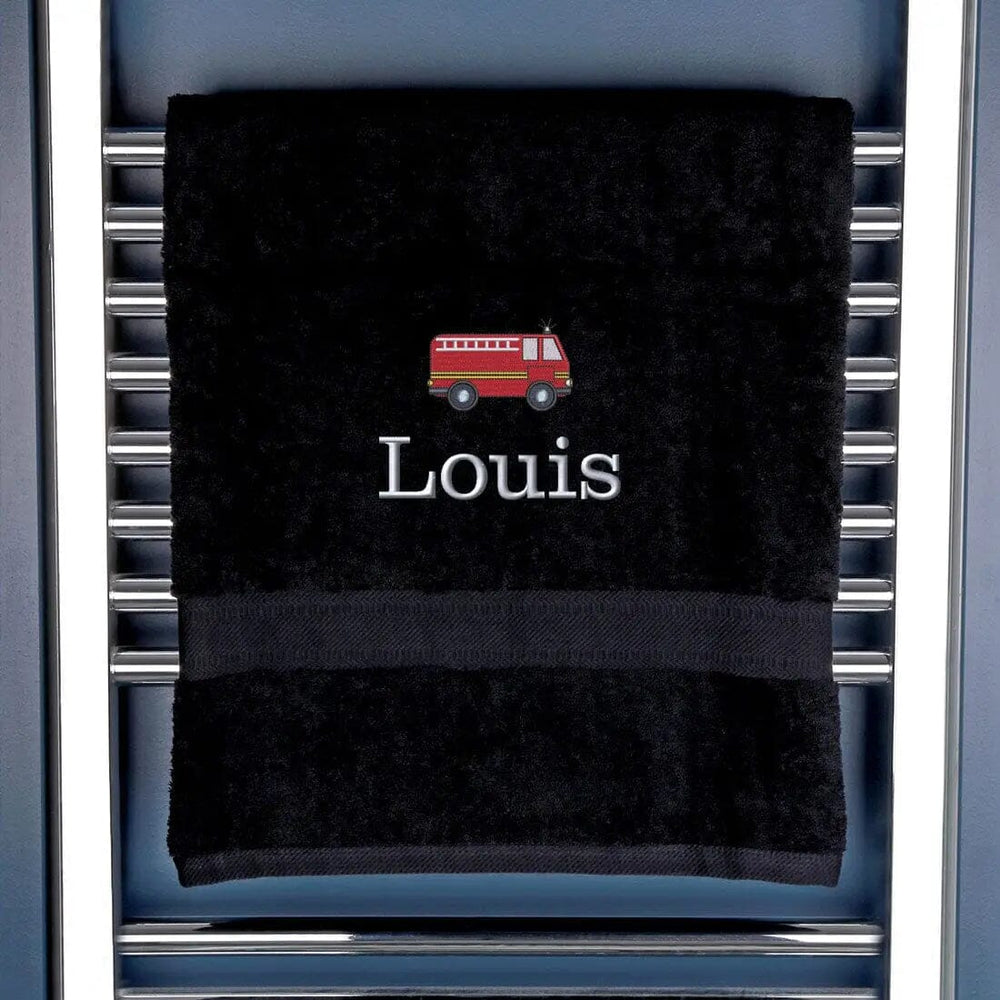 Children's Personalised Fire Engine Bath Towel Egyptian - Black  