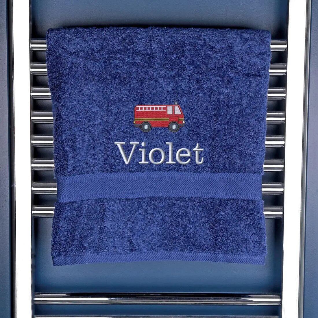 Children's Personalised Fire Engine Bath Towel Egyptian - Navy  