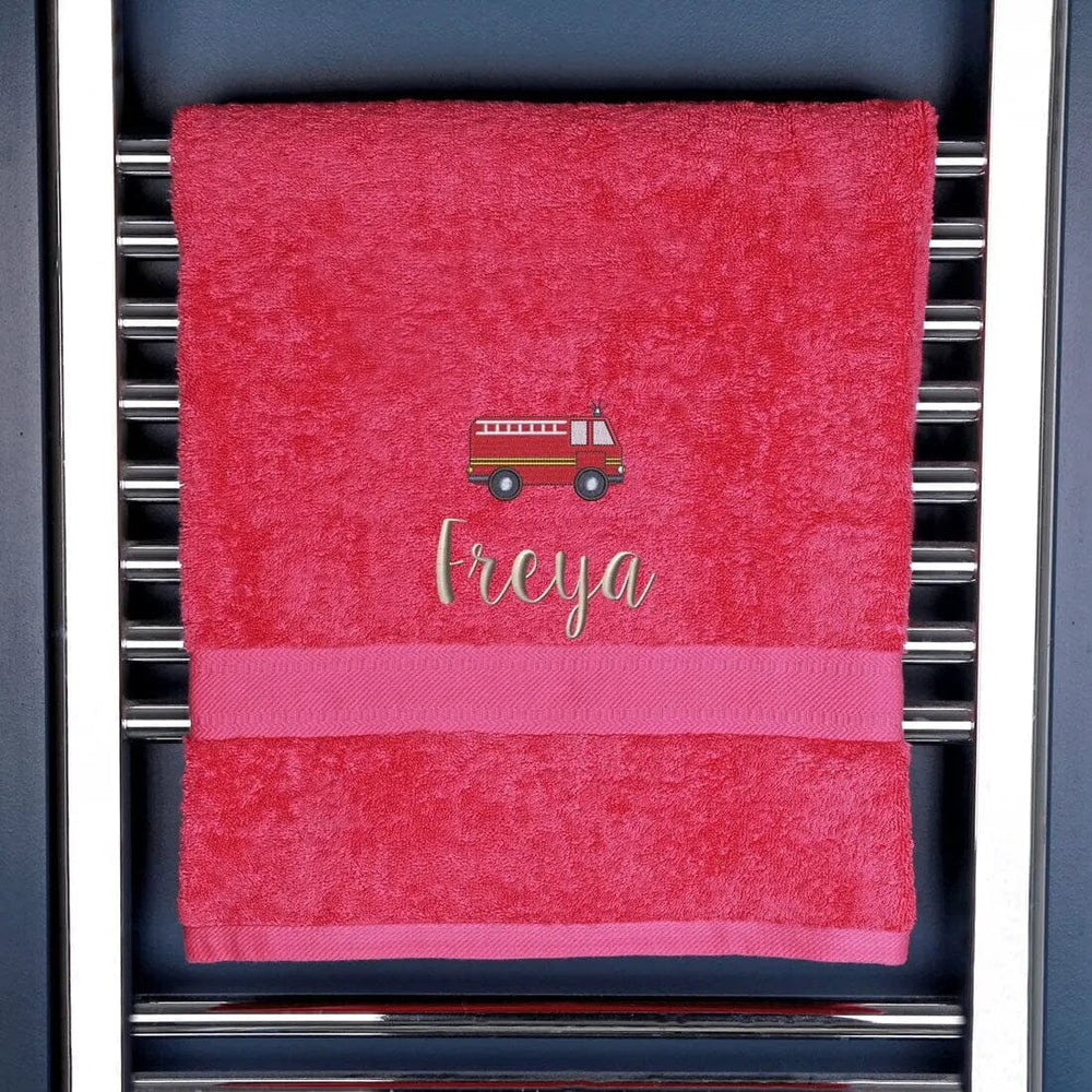 Children's Personalised Fire Engine Bath Towel Egyptian - Pink  
