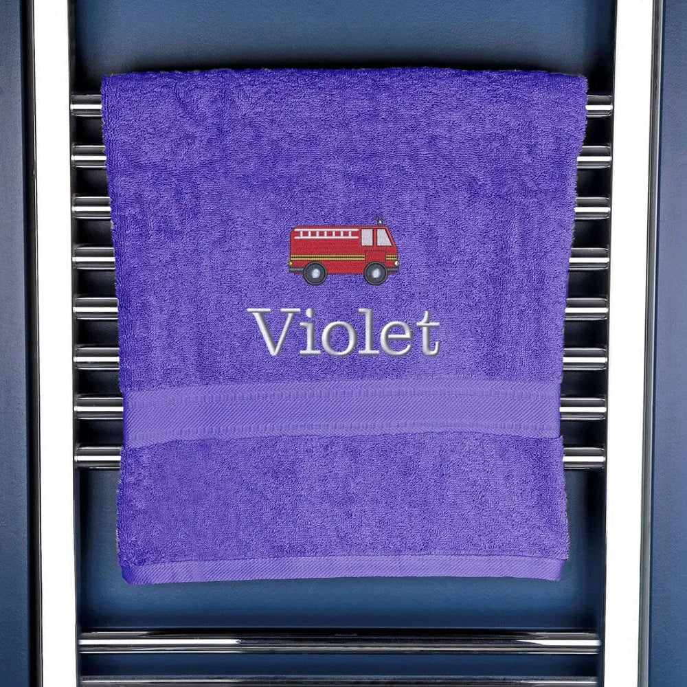 Children's Personalised Fire Engine Bath Towel Egyptian - Purple  