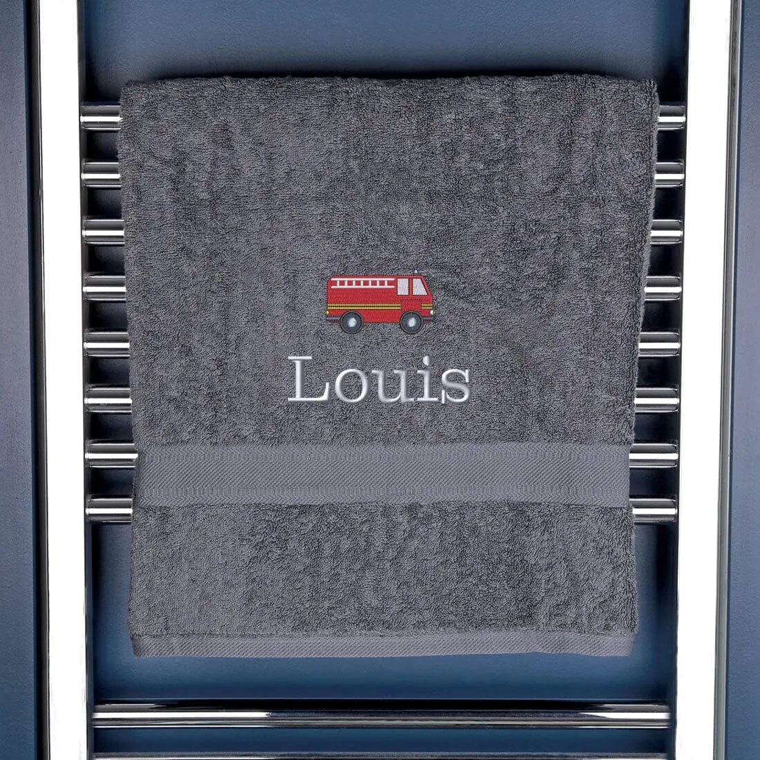Children's Personalised Fire Engine Bath Towel Egyptian - Slate  