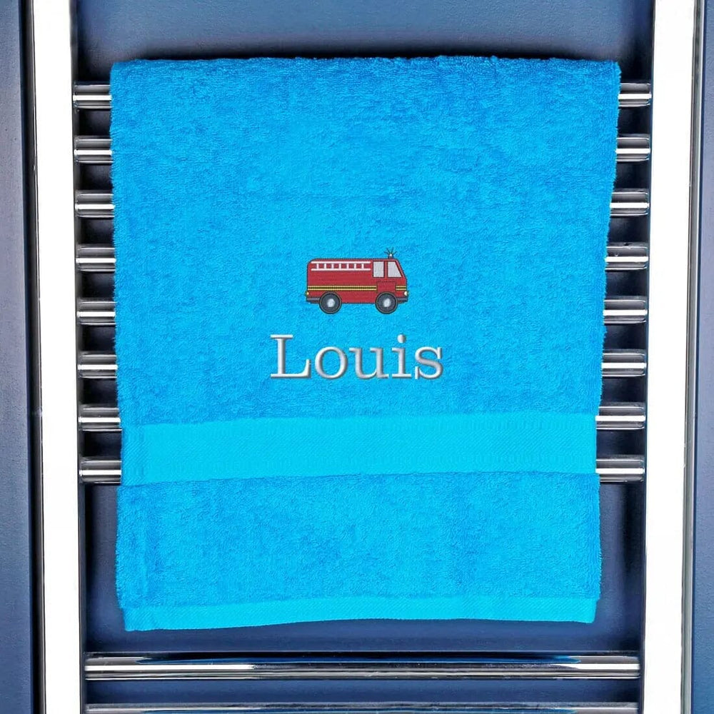 Children's Personalised Fire Engine Bath Towel - Duncan Stewart 1978 Egyptian-Turquoise Duncan Stewart 1978