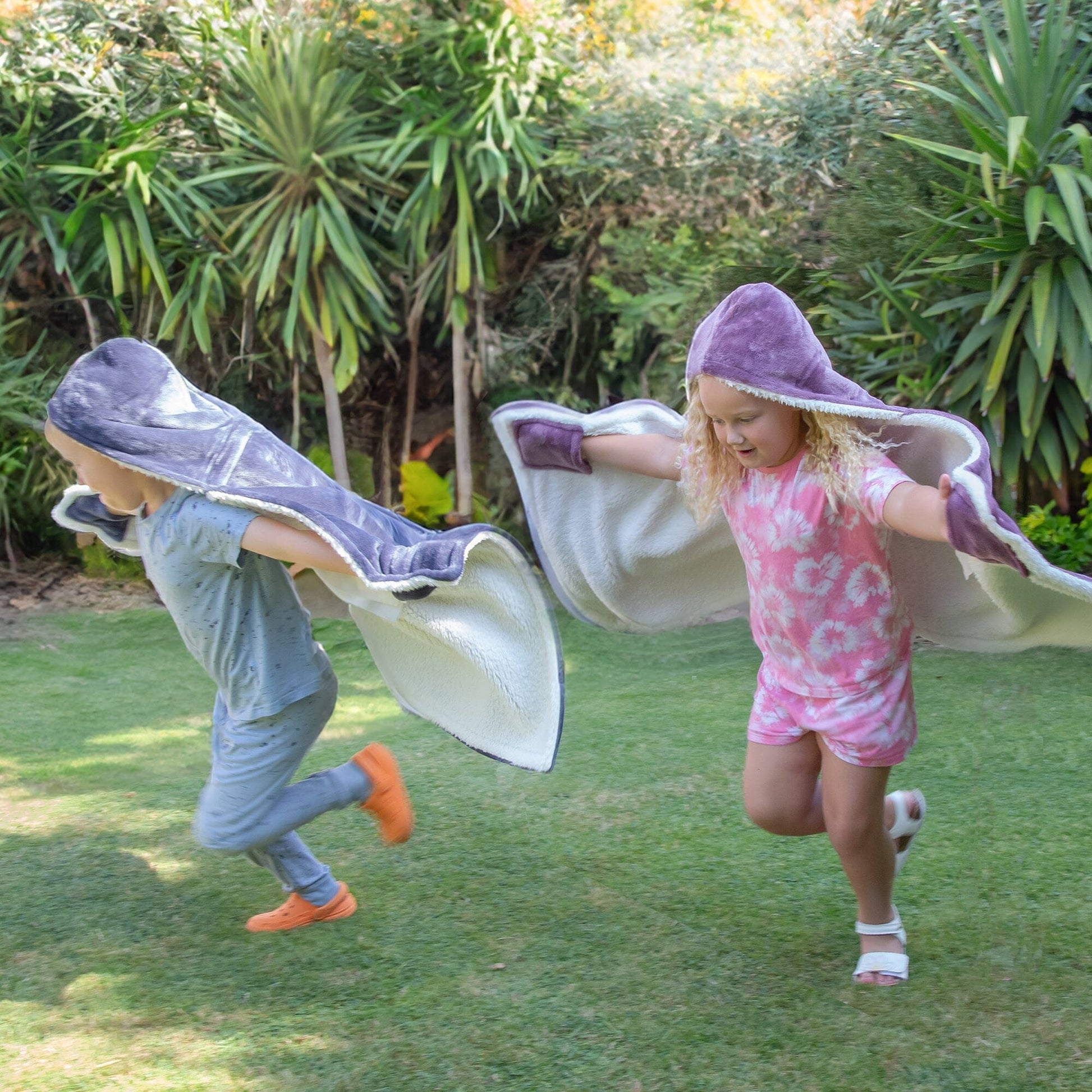 Two Kids wearing Personalised Hooded Sherpa Blanket