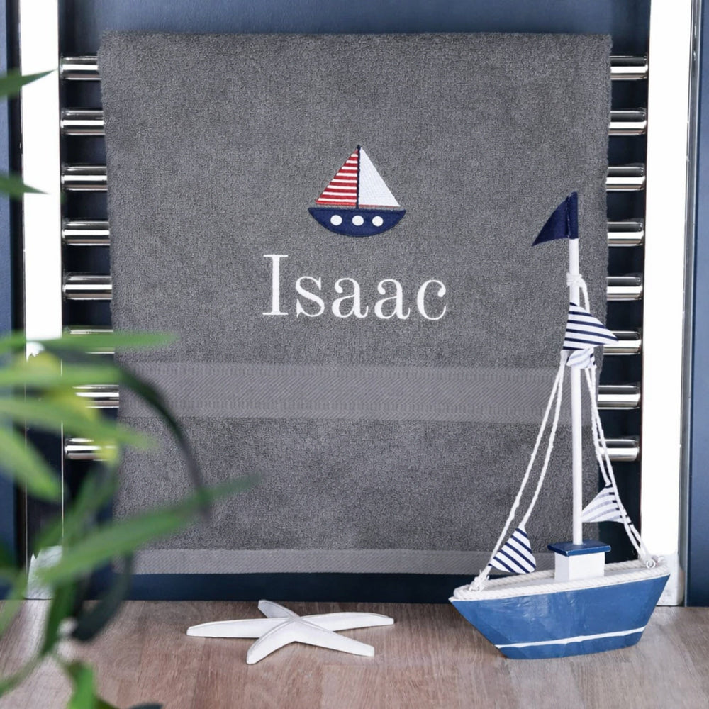 boys name on grey bath towel