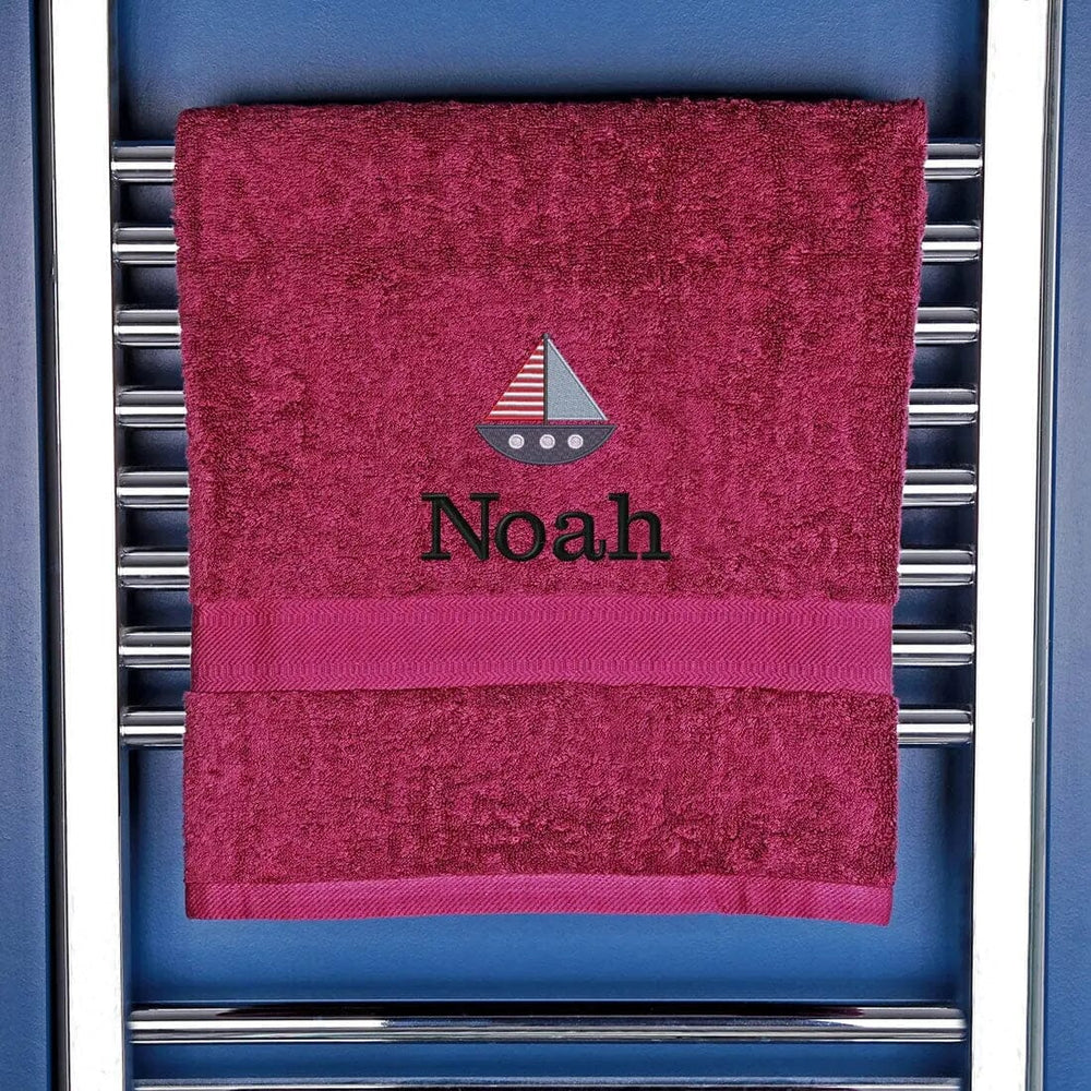 Children's Personalised Sailing Boat Bath Towel Egyptian - Aubergine  