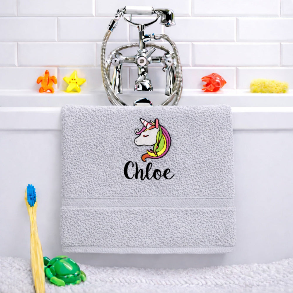 name on silver grey bath towel