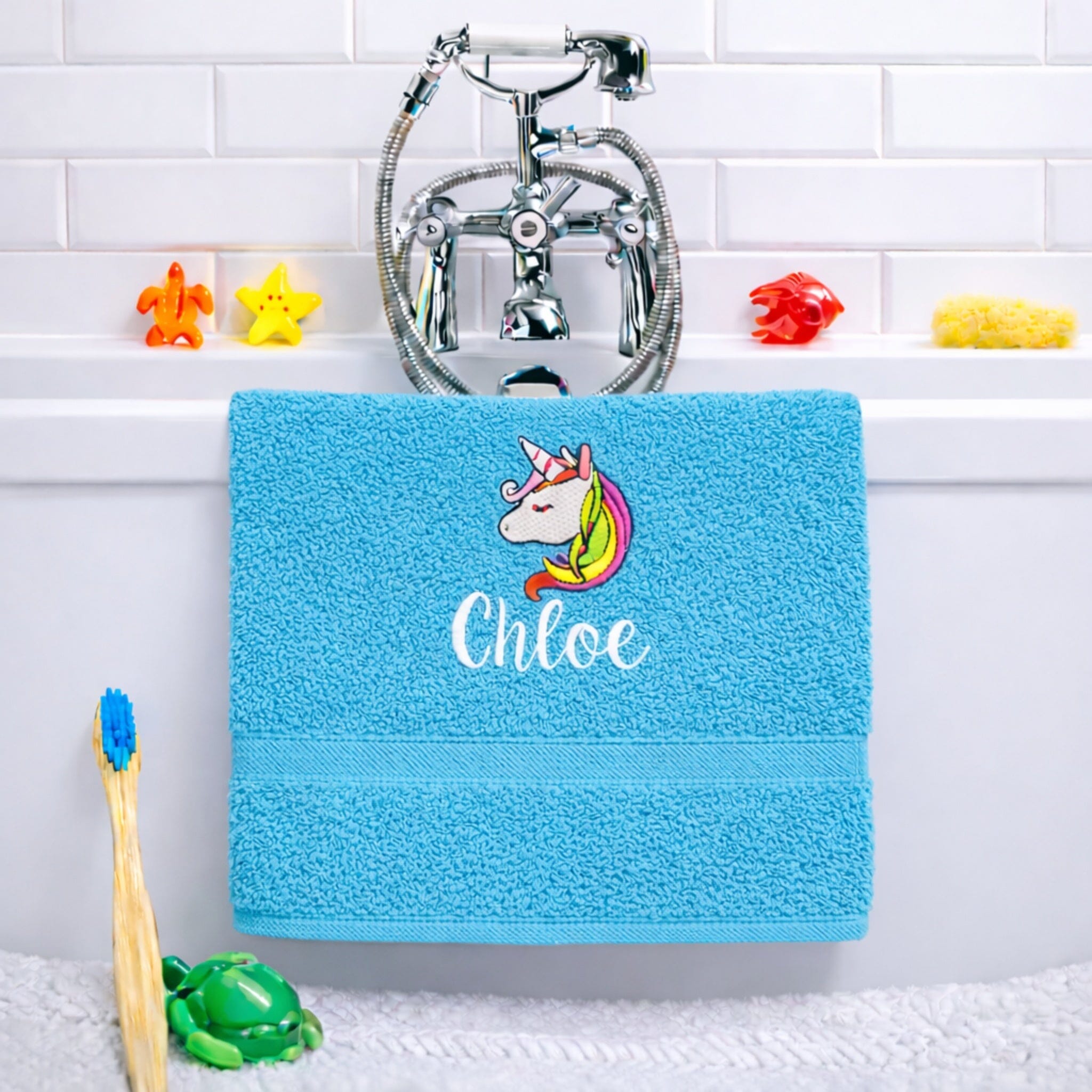 name on turquoise towel