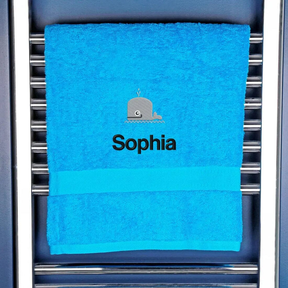 blue kids towel with whale and name