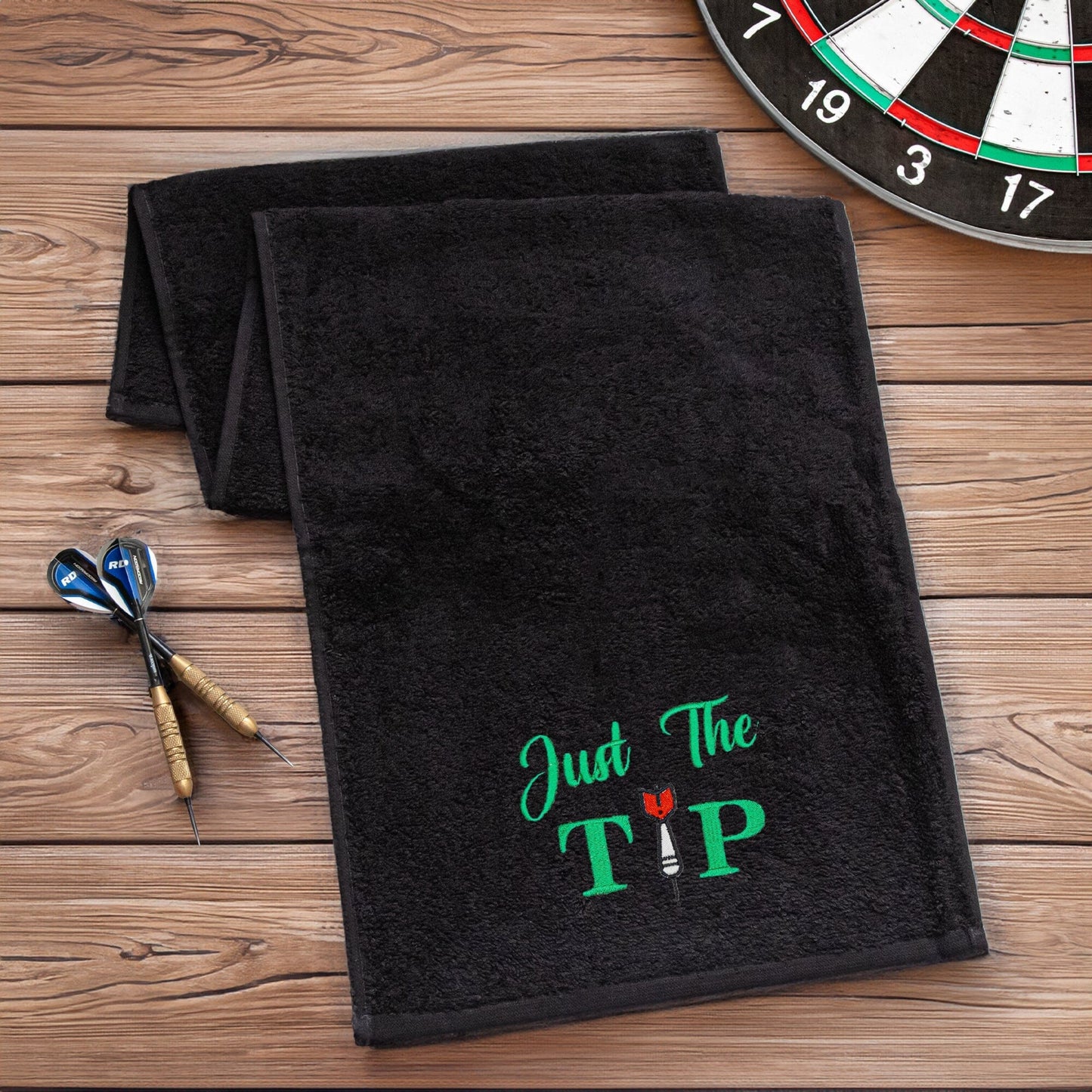 Black Dart Towel with an embroidered logo