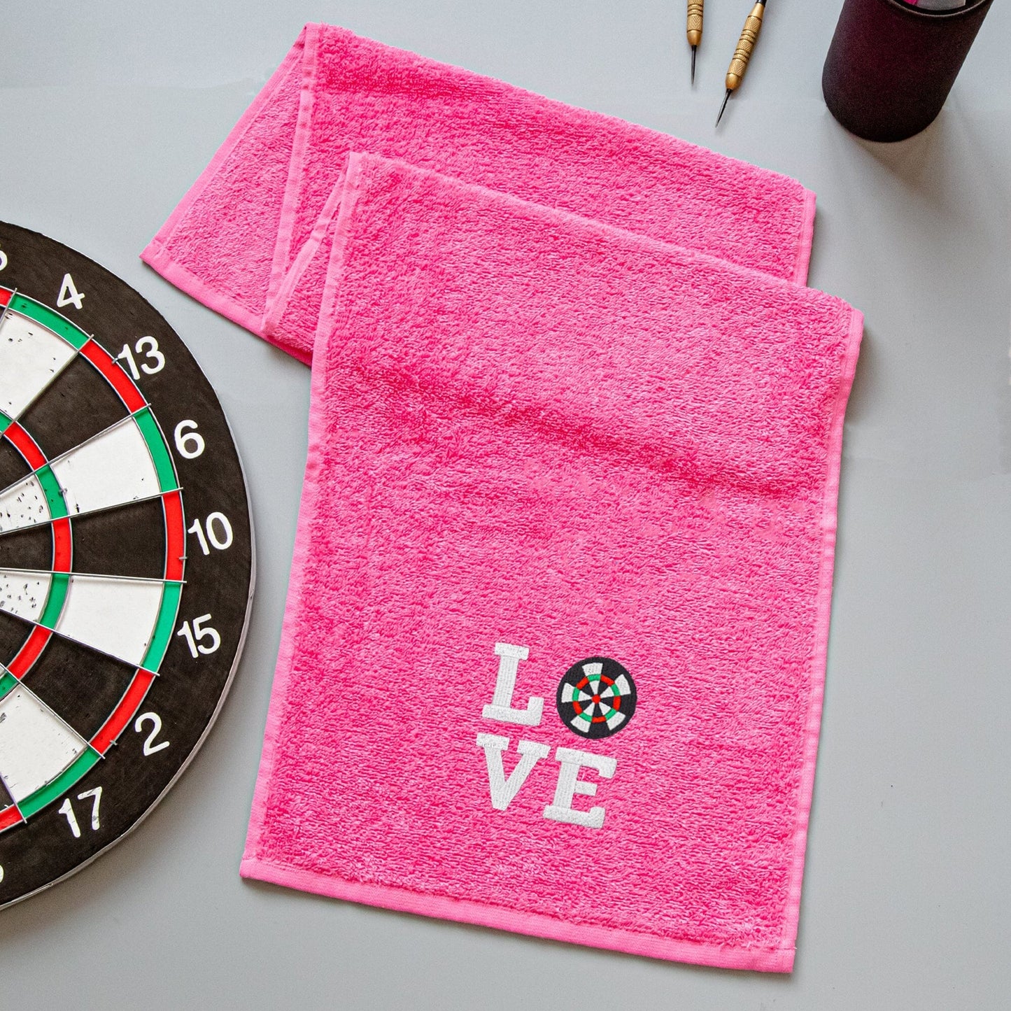 Pink Dart Towel with an embroidered logo