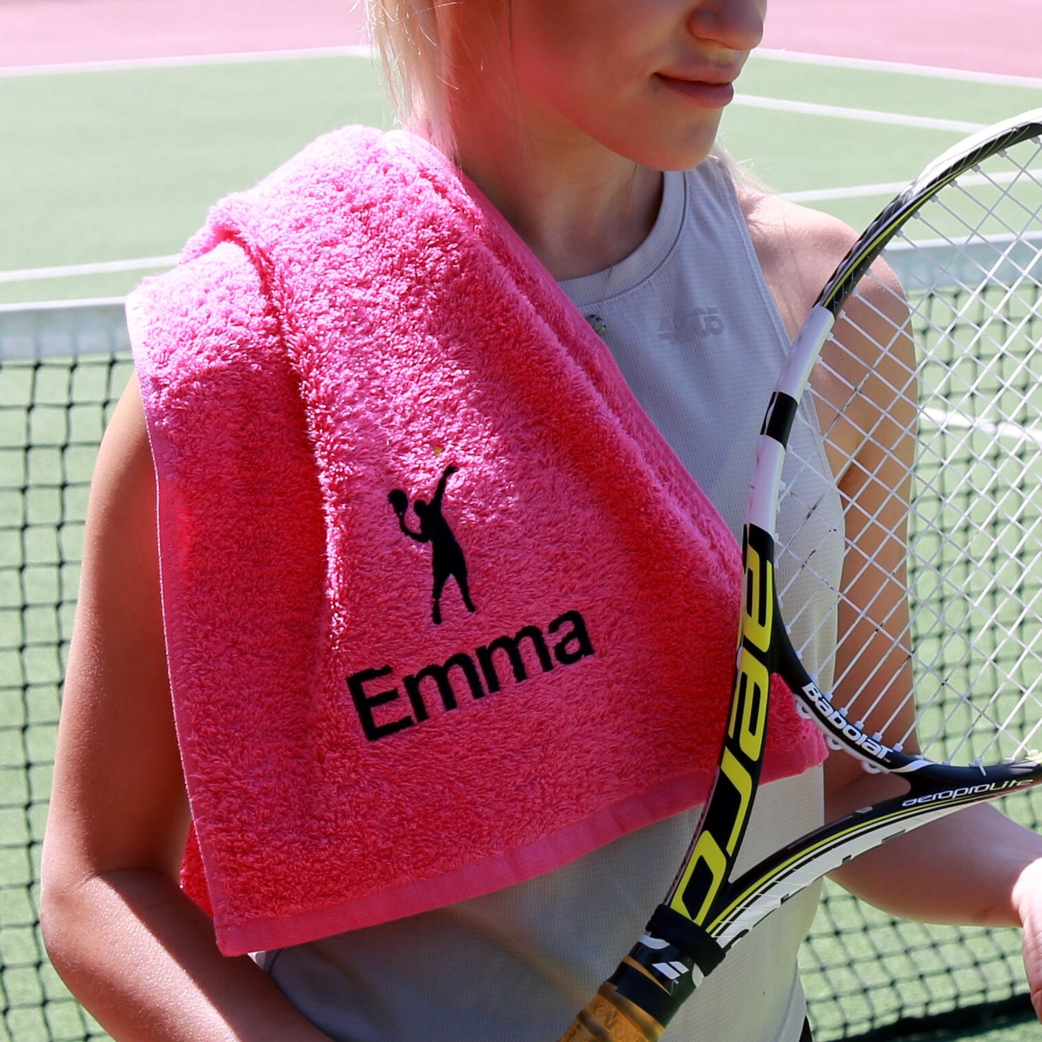 name on pink tennis towel