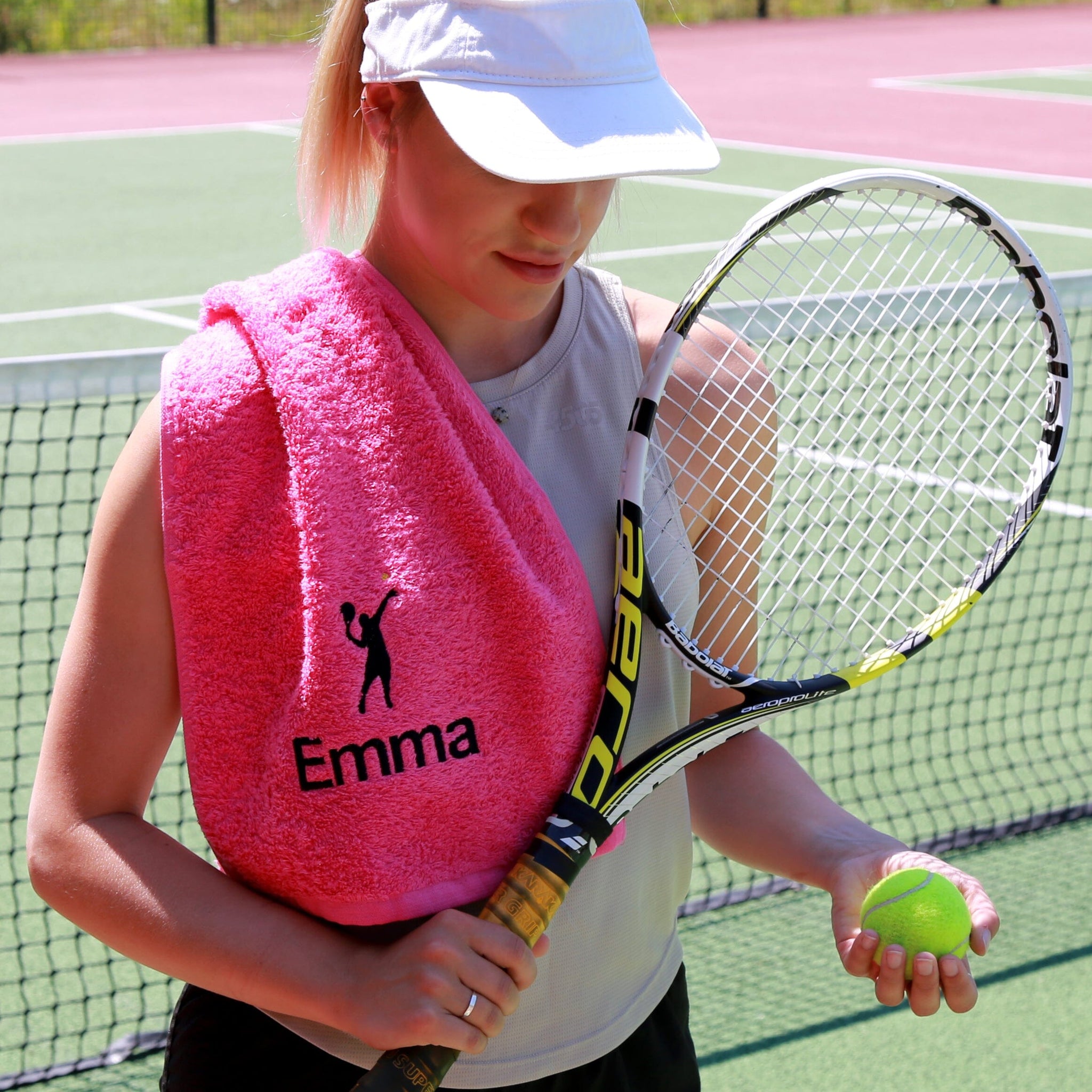 name on pink tennis towel