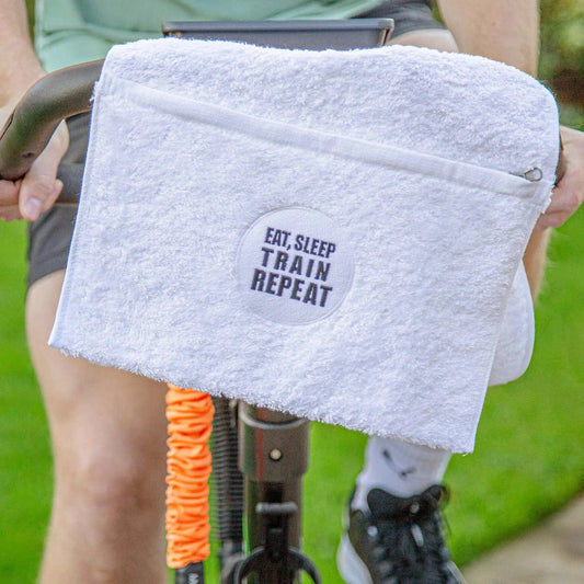 sweat towel in white with eat, sleep, train, repeat logo 