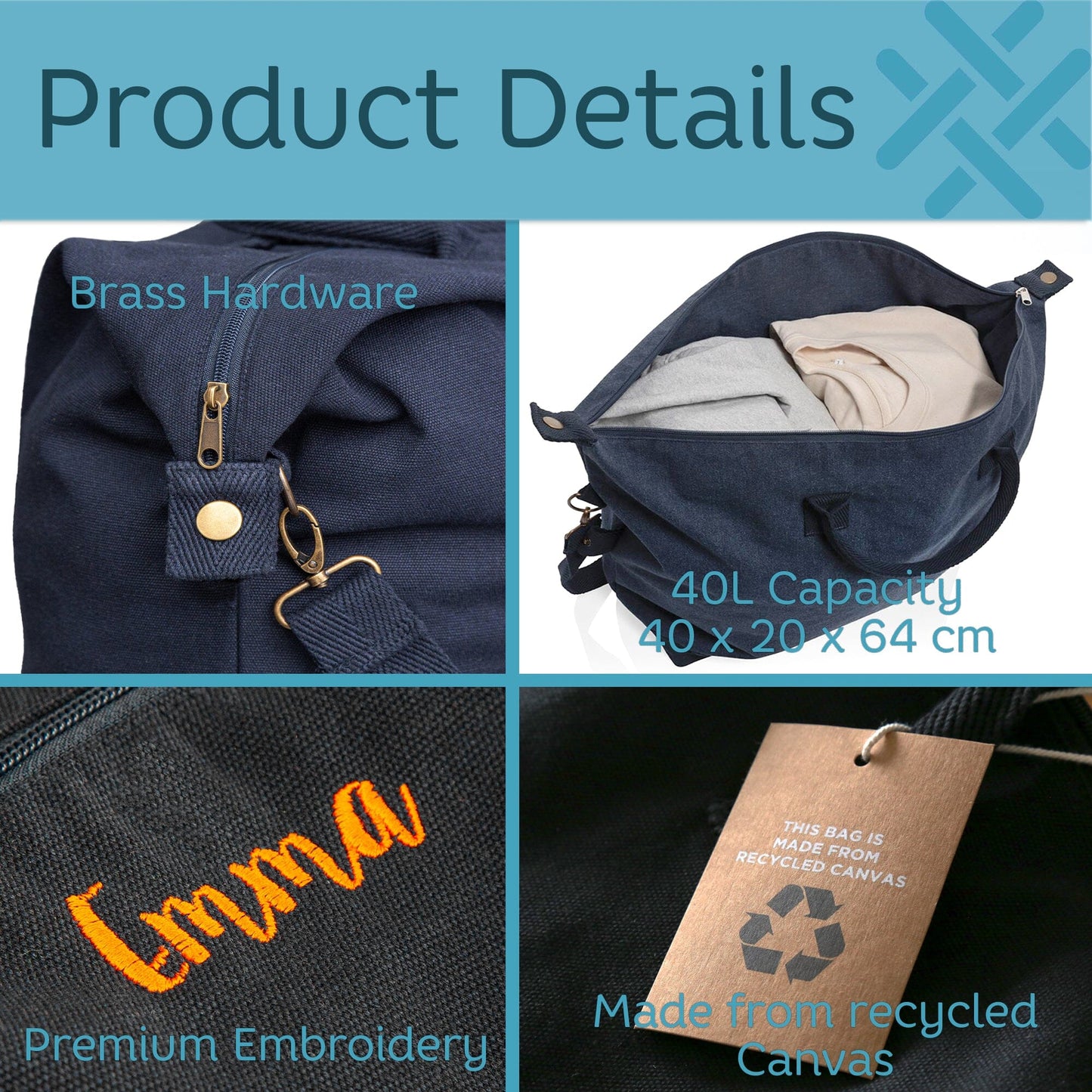 Personalised recycled canvas bag product details infographic