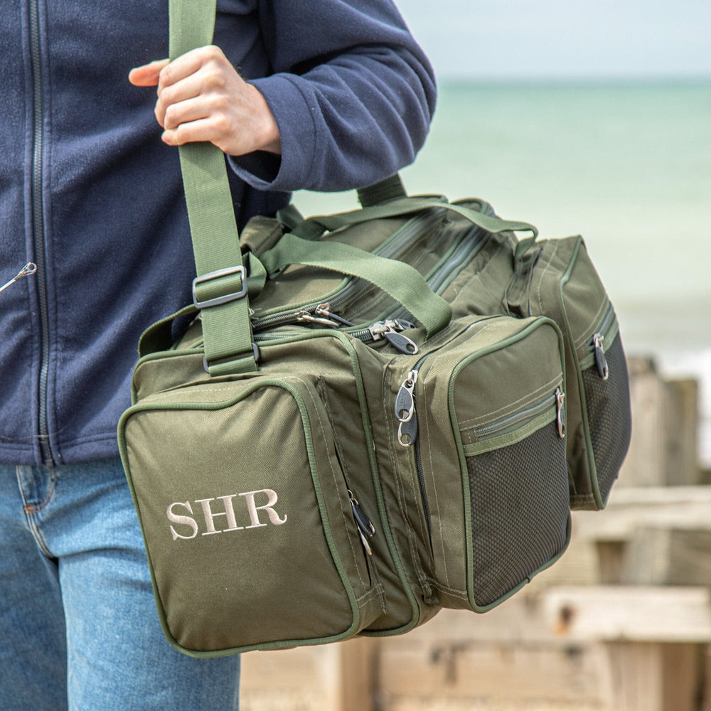 Personalised Fishing Bag over the shoulder on the beach