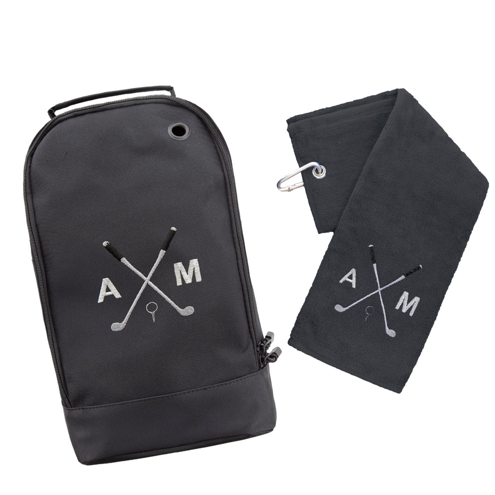 Black golf bag and towel set with 'A&M' logo on a white background