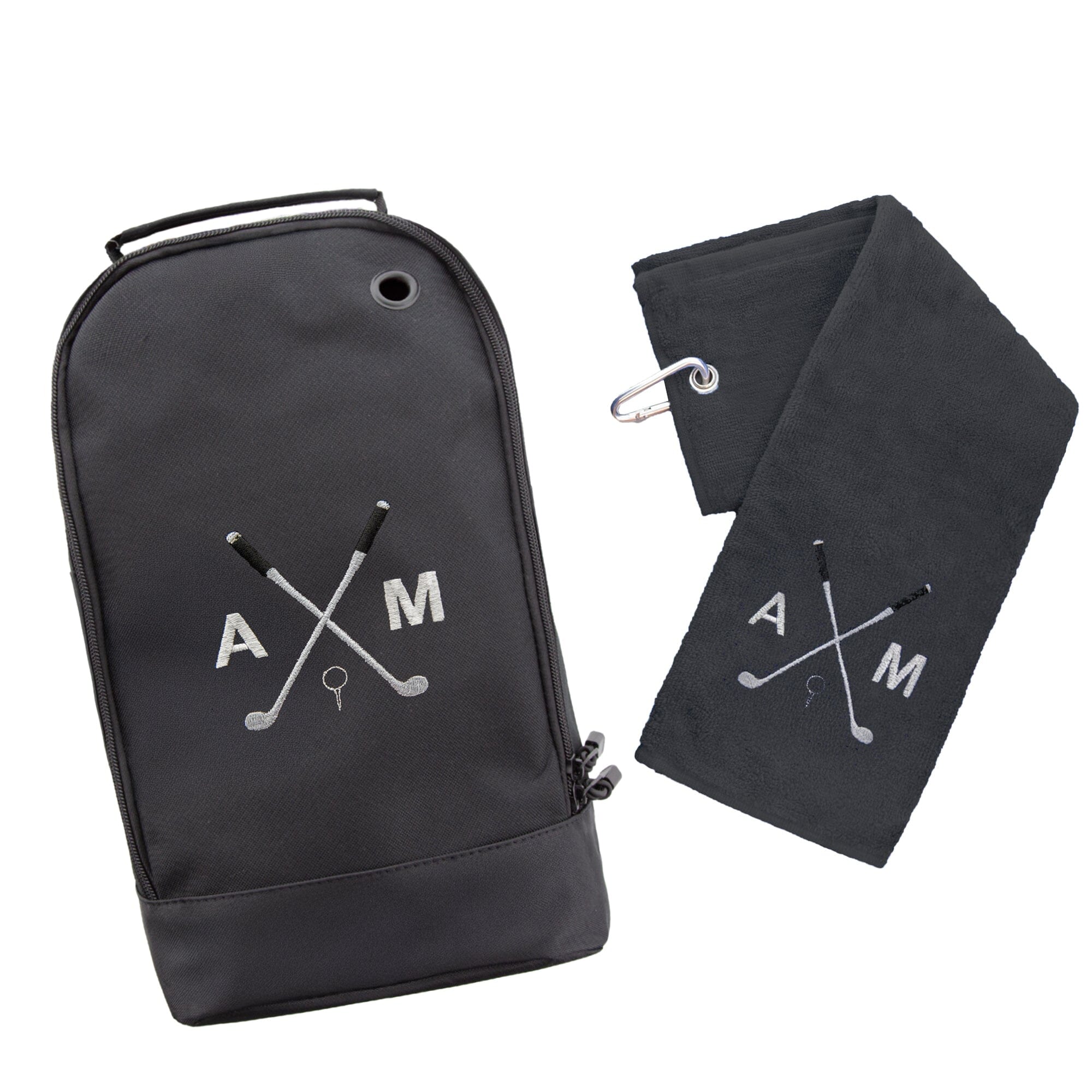 Black golf bag and towel set with 'A&M' logo on a white background