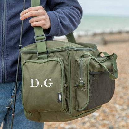 Personalised insulated Fishing Bag over a man's shoulder