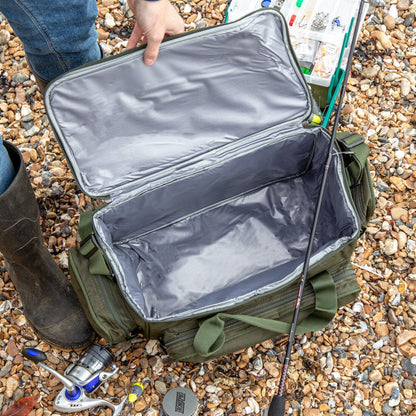 open insulated fishing bag on the beach