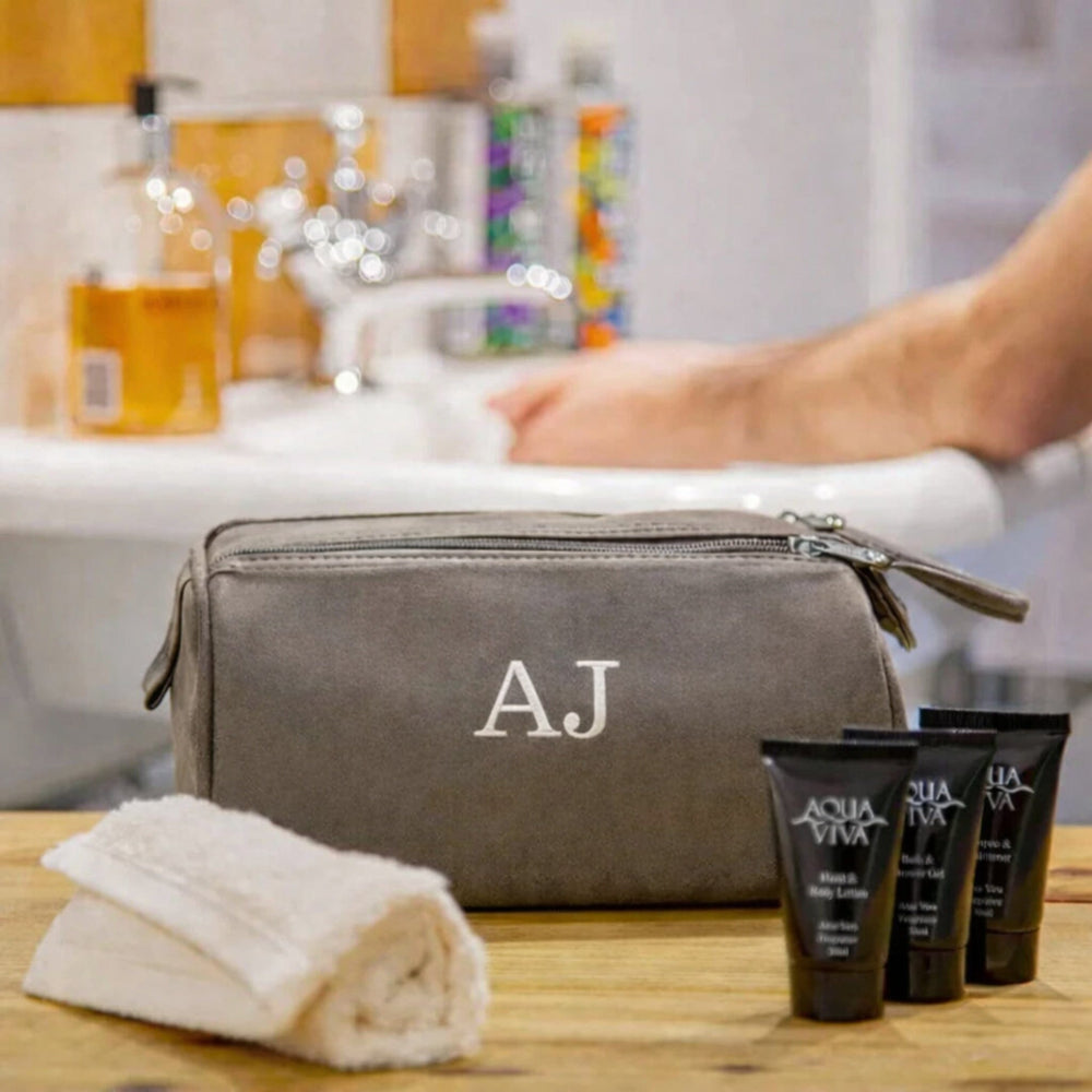 initials on wash bag