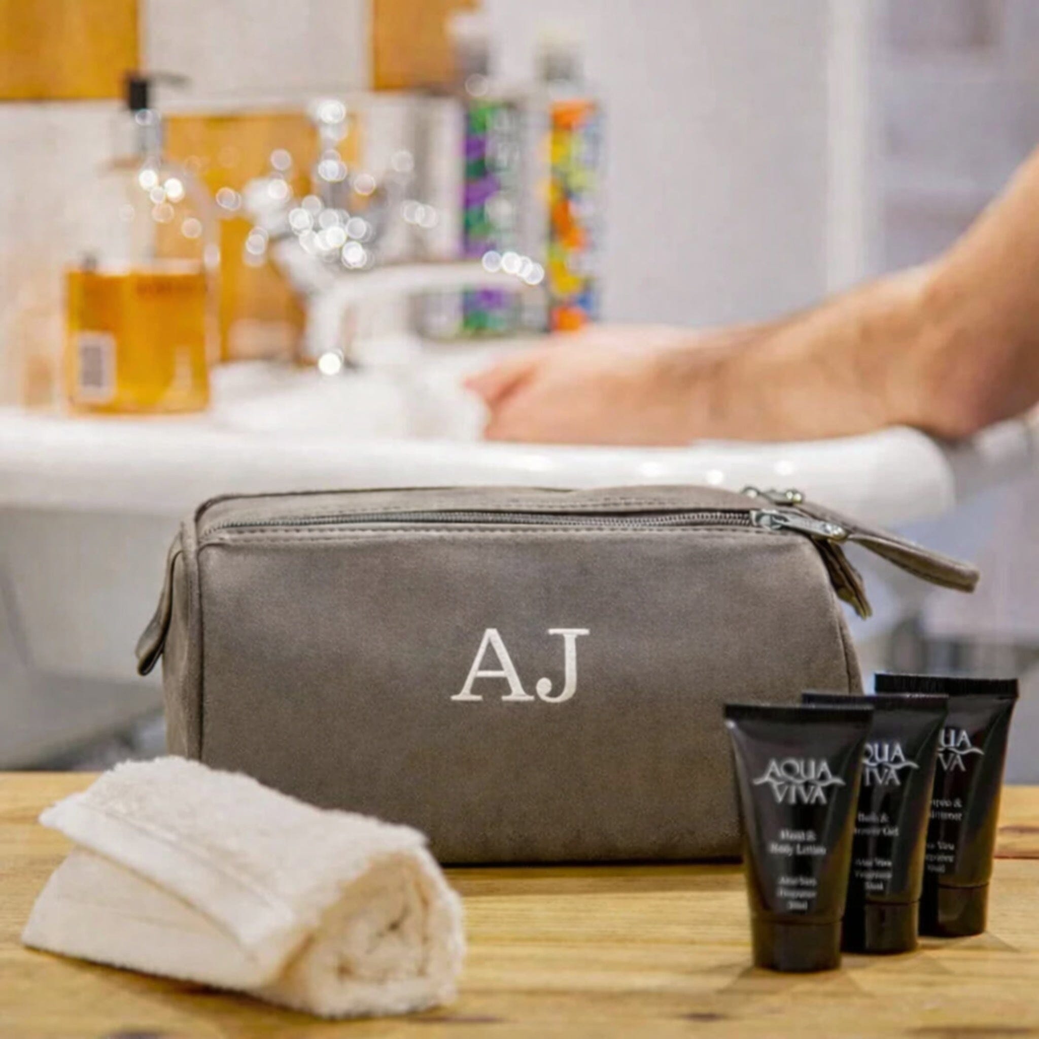 initials on wash bag