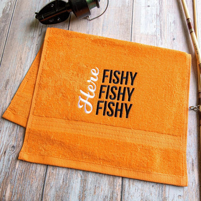 bright orange towel with fishing logo