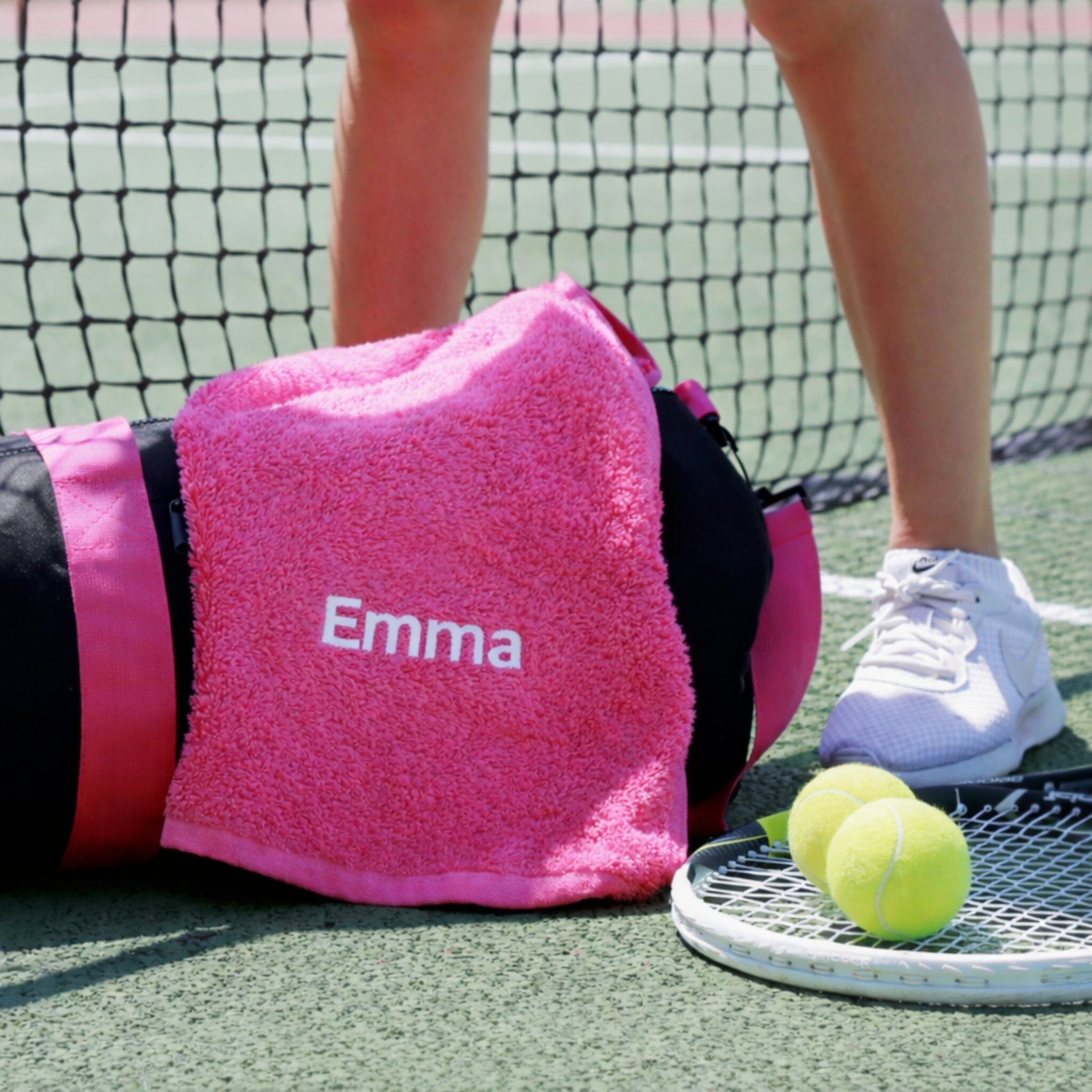name on pink gym towel