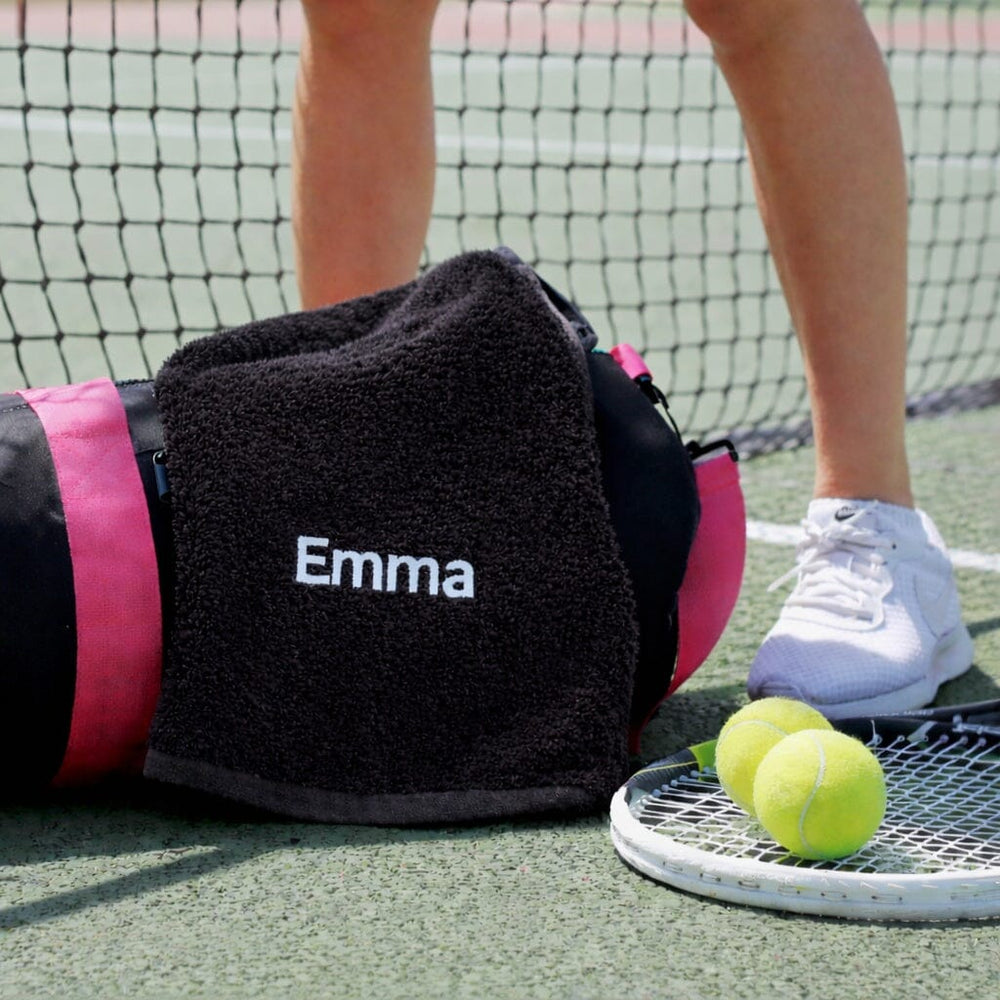 name on black gym towel