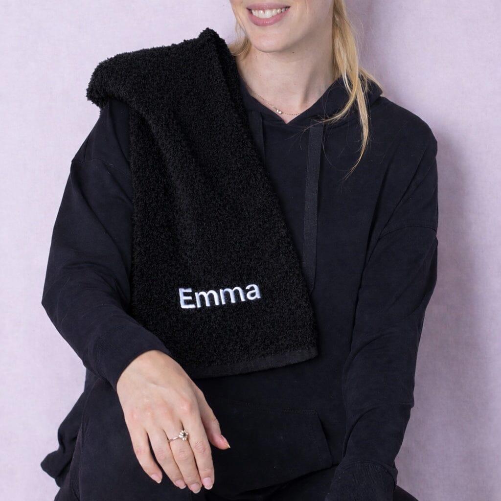 name on black gym towel